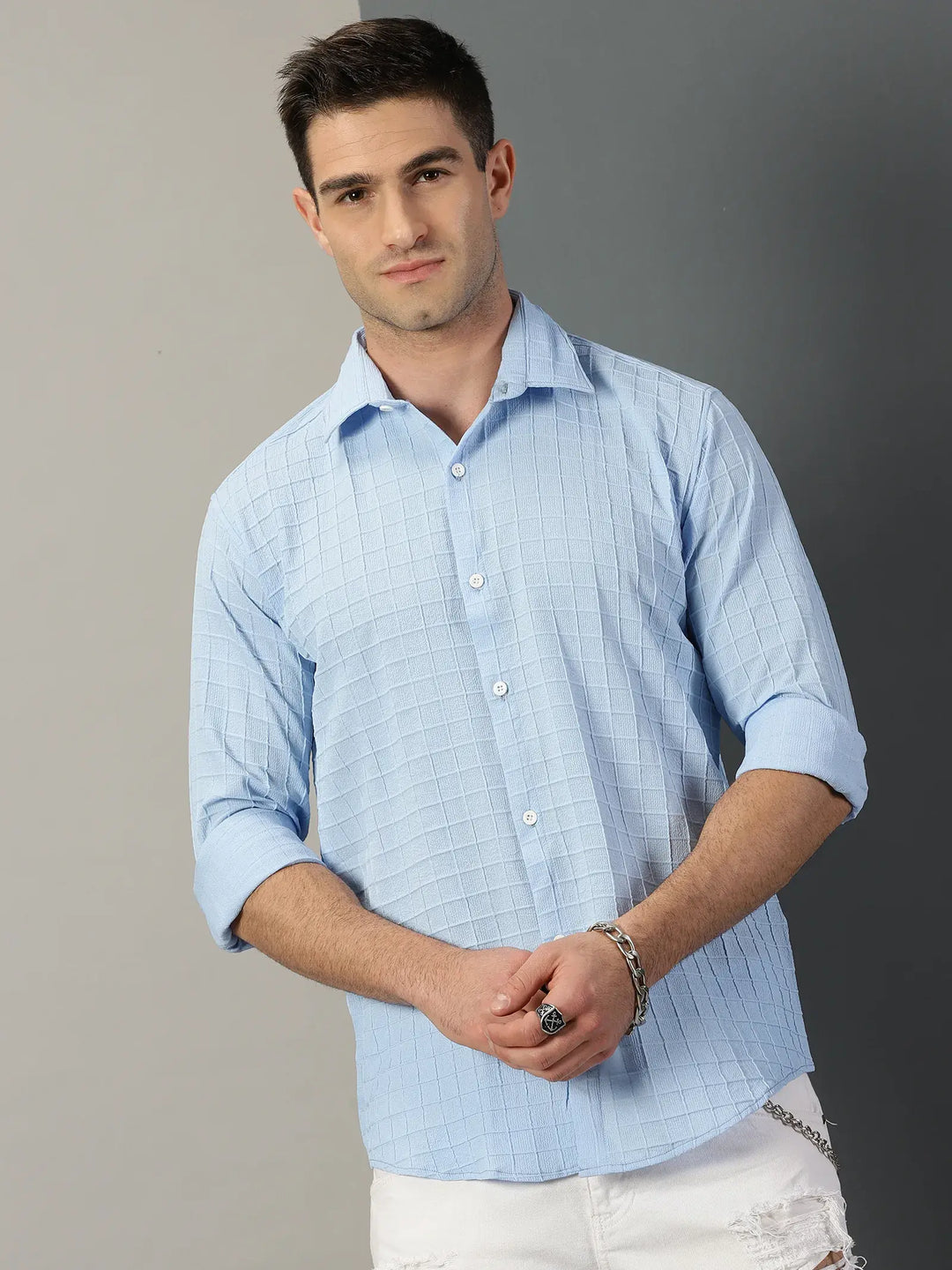 Blue Checks Textured Full Sleeve Men's Shirt