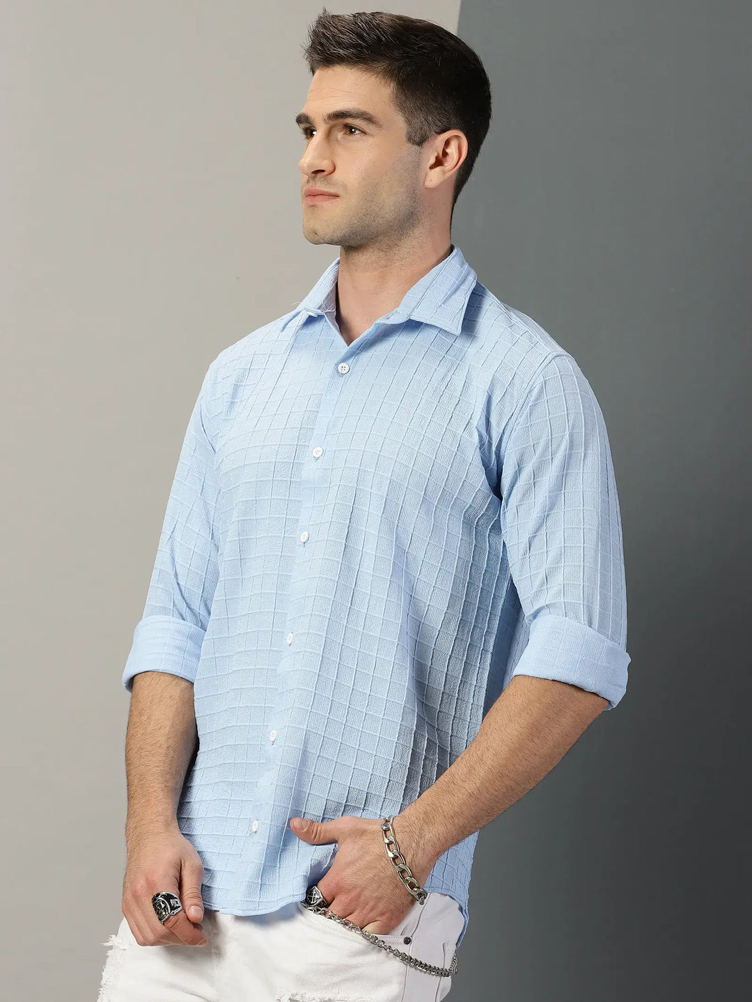 Blue Checks Textured Full Sleeve Men's Shirt