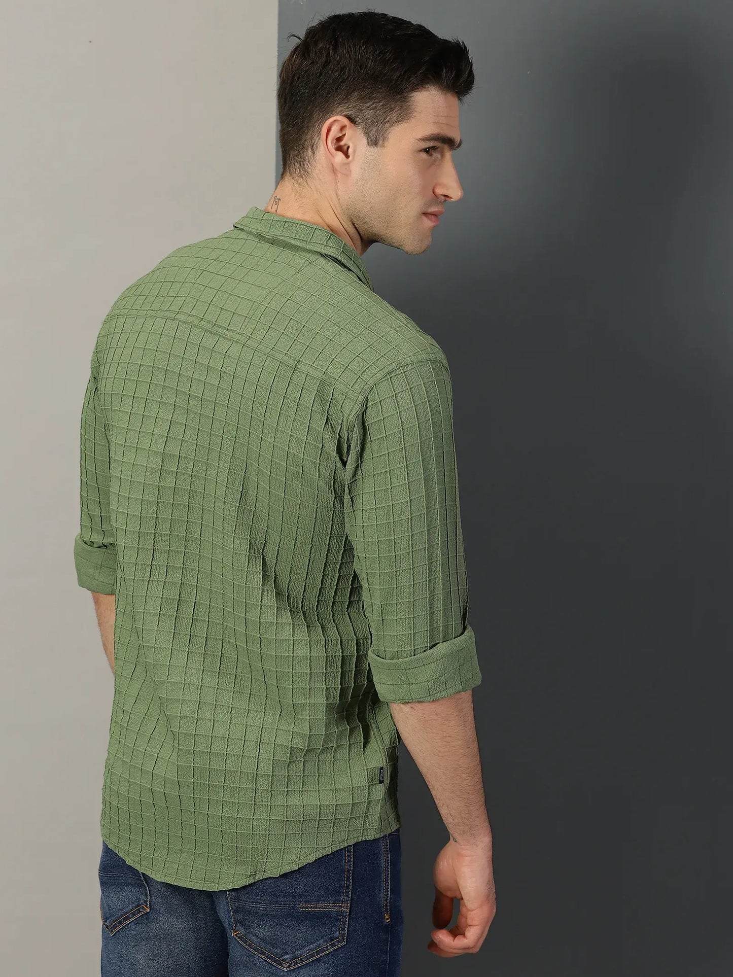 Green Checks Textured Full Sleeve Men's Shirt