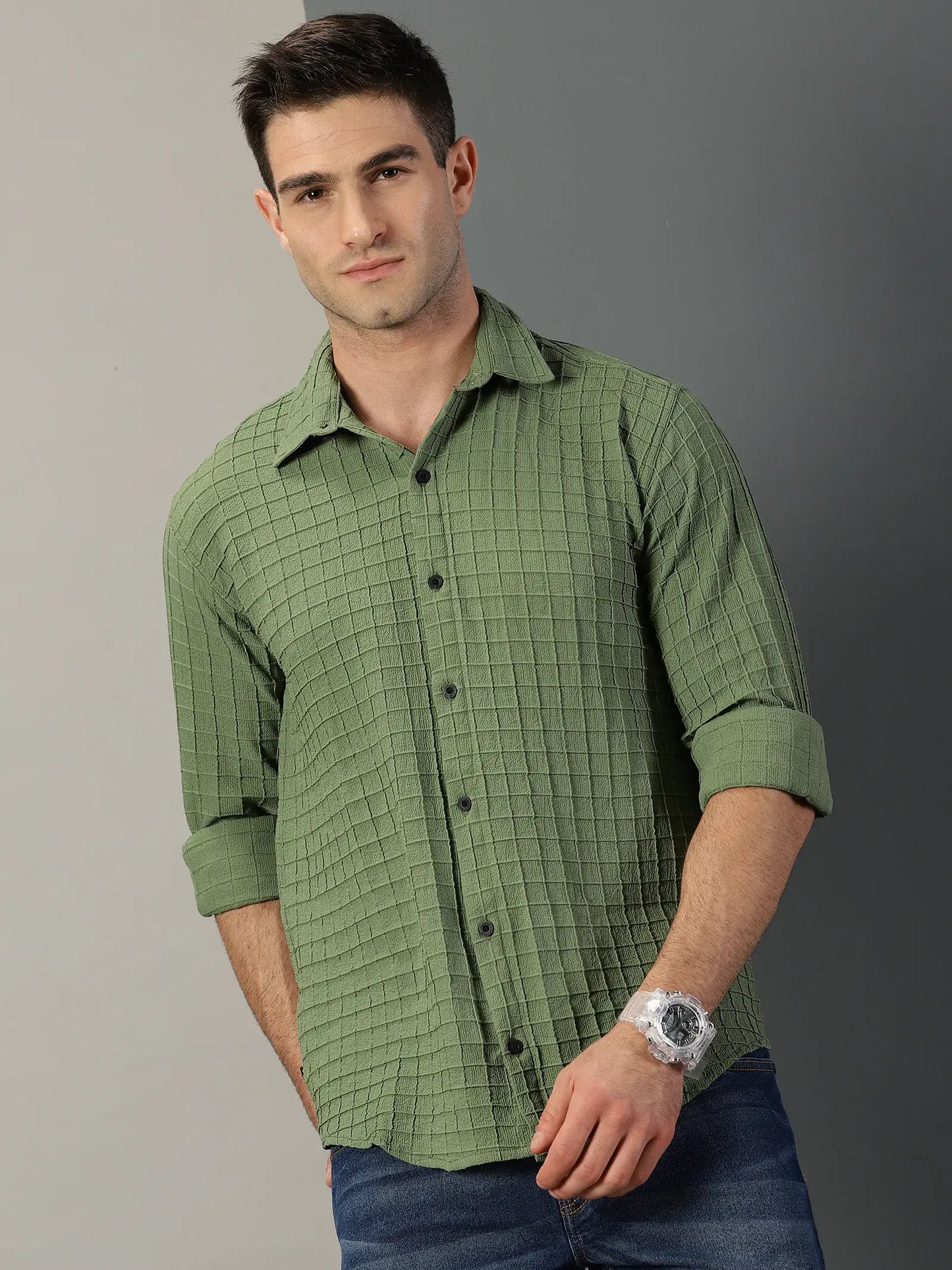 Green Checks Textured Full Sleeve Men's Shirt