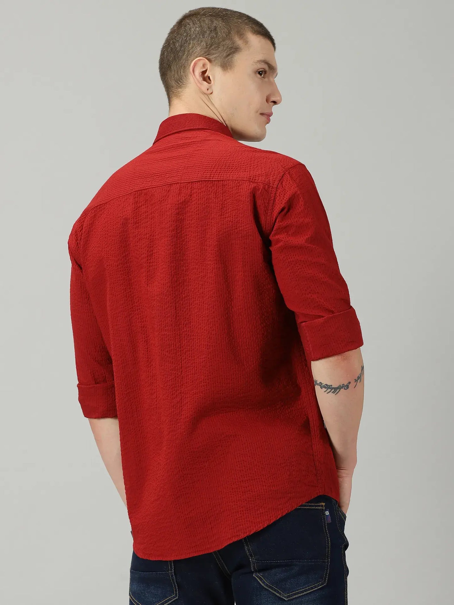 Red Textured Full Sleeve Men's Shirt