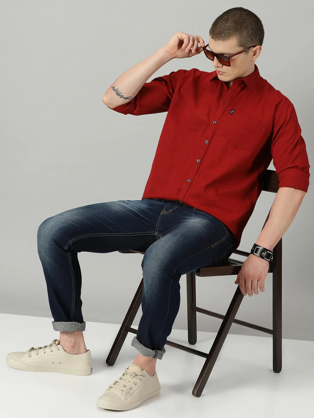 Red Textured Full Sleeve Men's Shirt