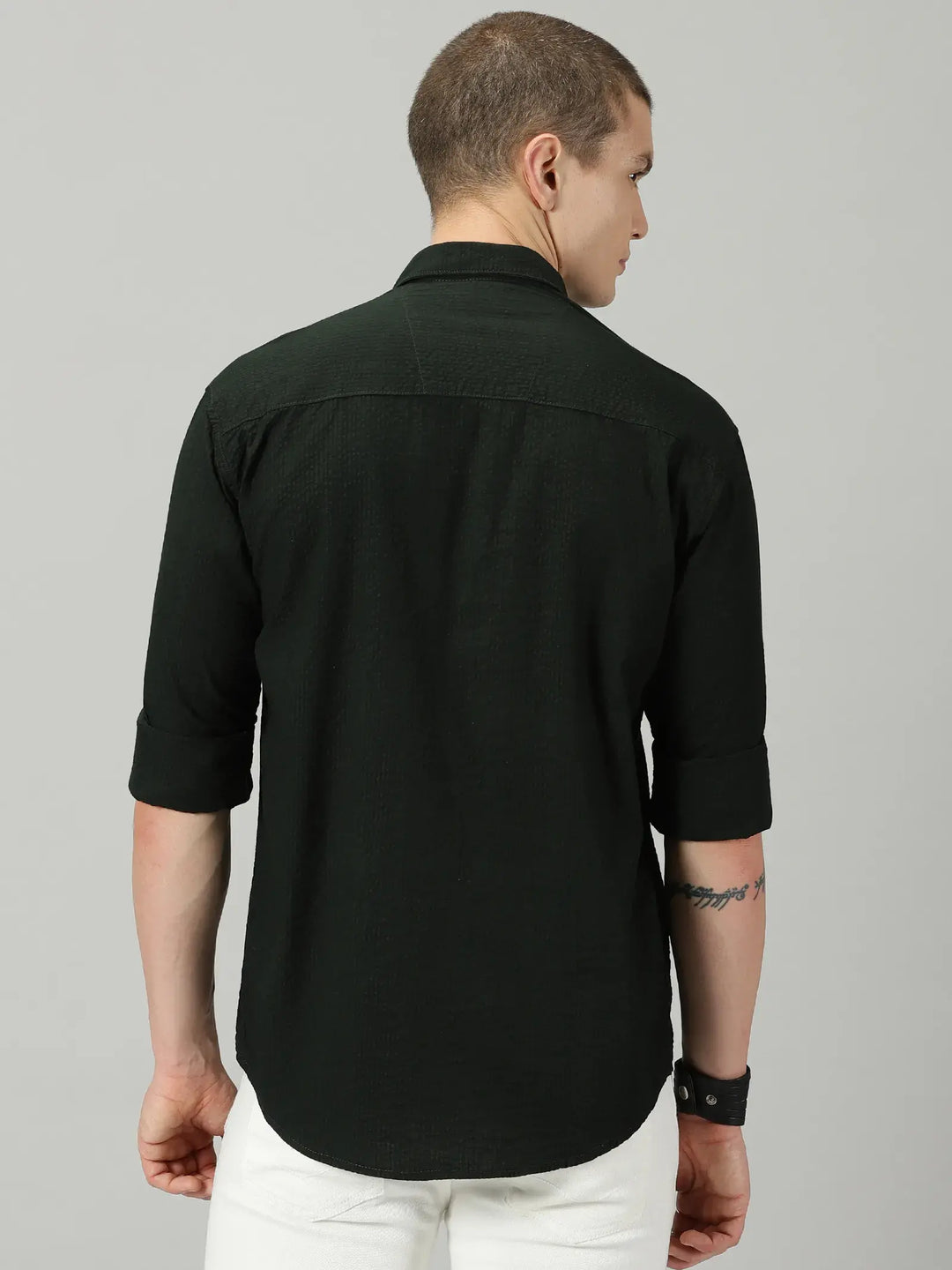 Bottle Green Textured Full Sleeve Men's Shirt