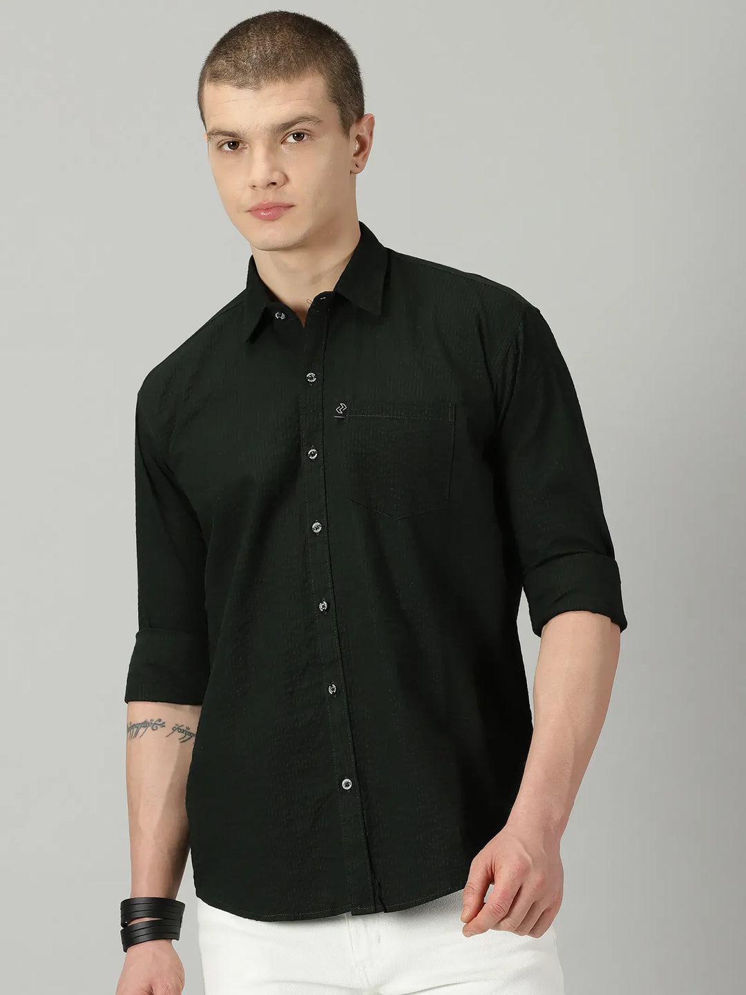 Bottle Green Textured Full Sleeve Men's Shirt