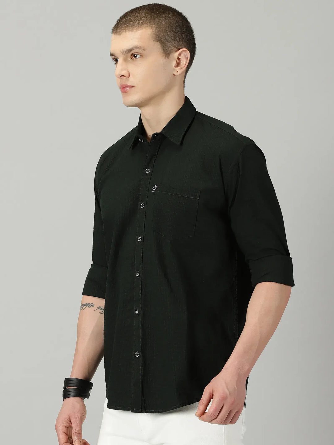 Bottle Green Textured Full Sleeve Men's Shirt