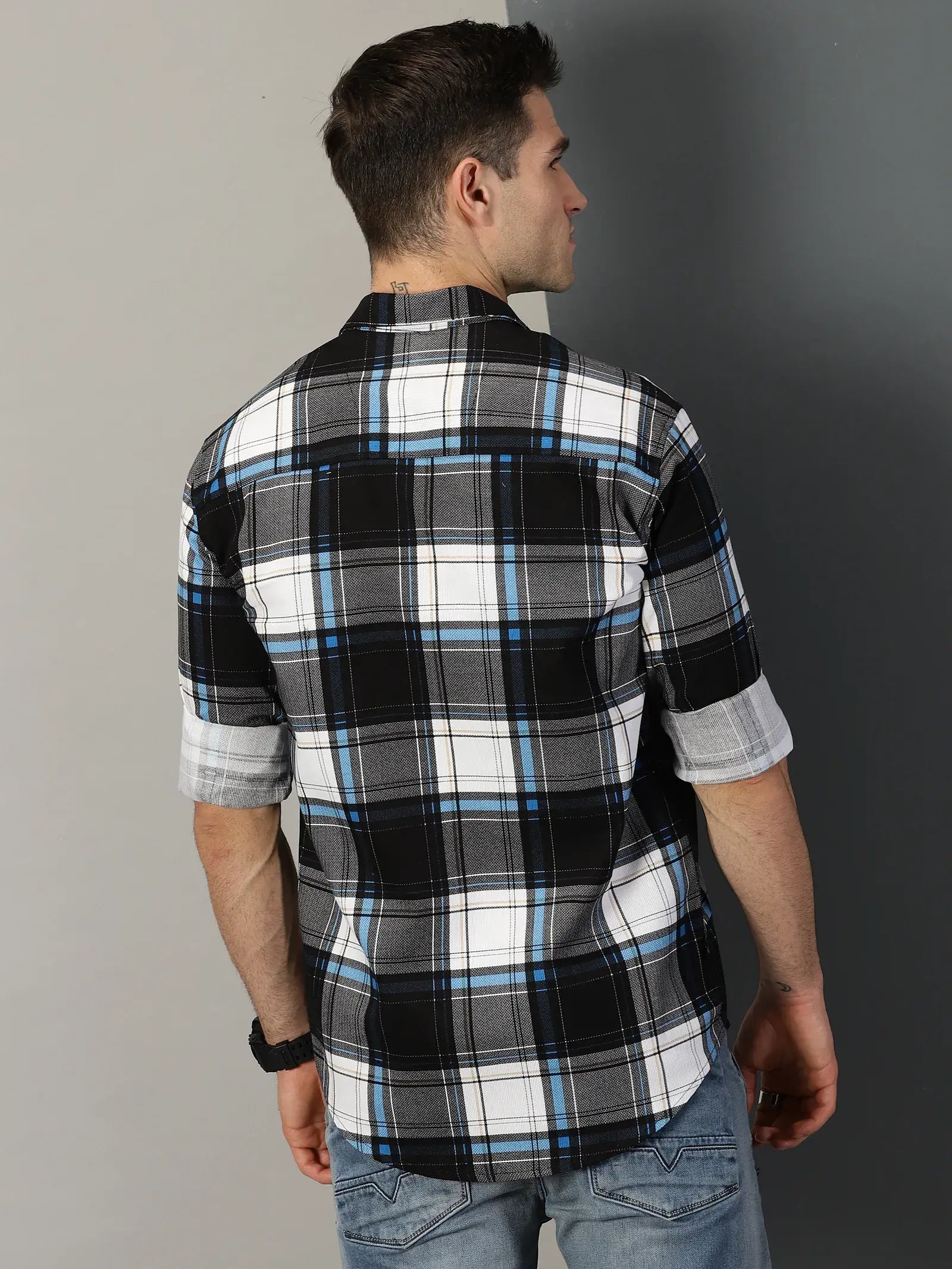 Blue-Black-Grey Checks Printed Full Sleeve Men's Shirt