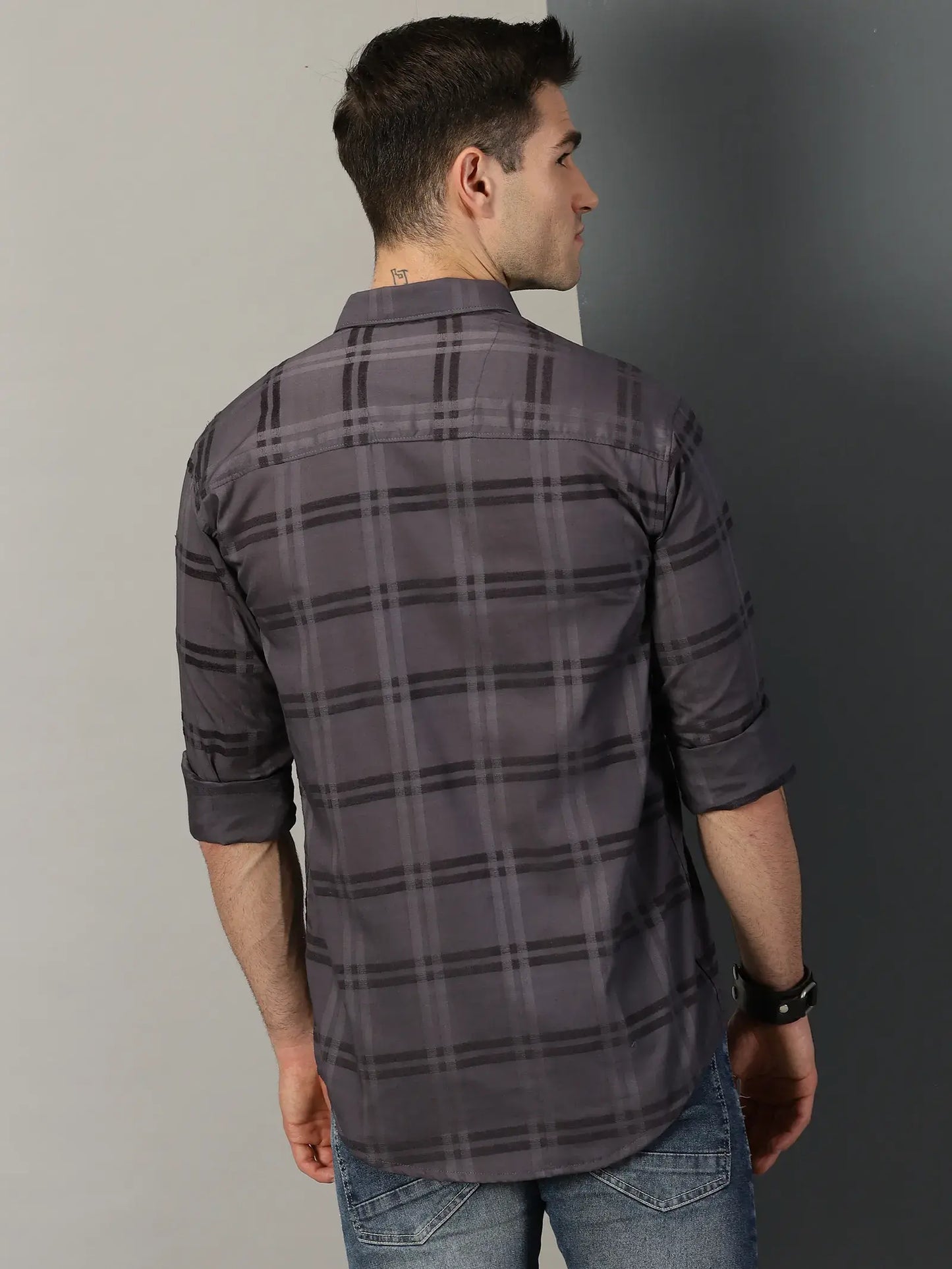 Grey Checks Printed Full Sleeve Men's Shirt