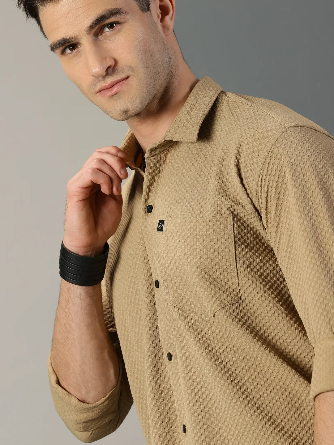 Brown Textured Full Sleeve Men's Shirt