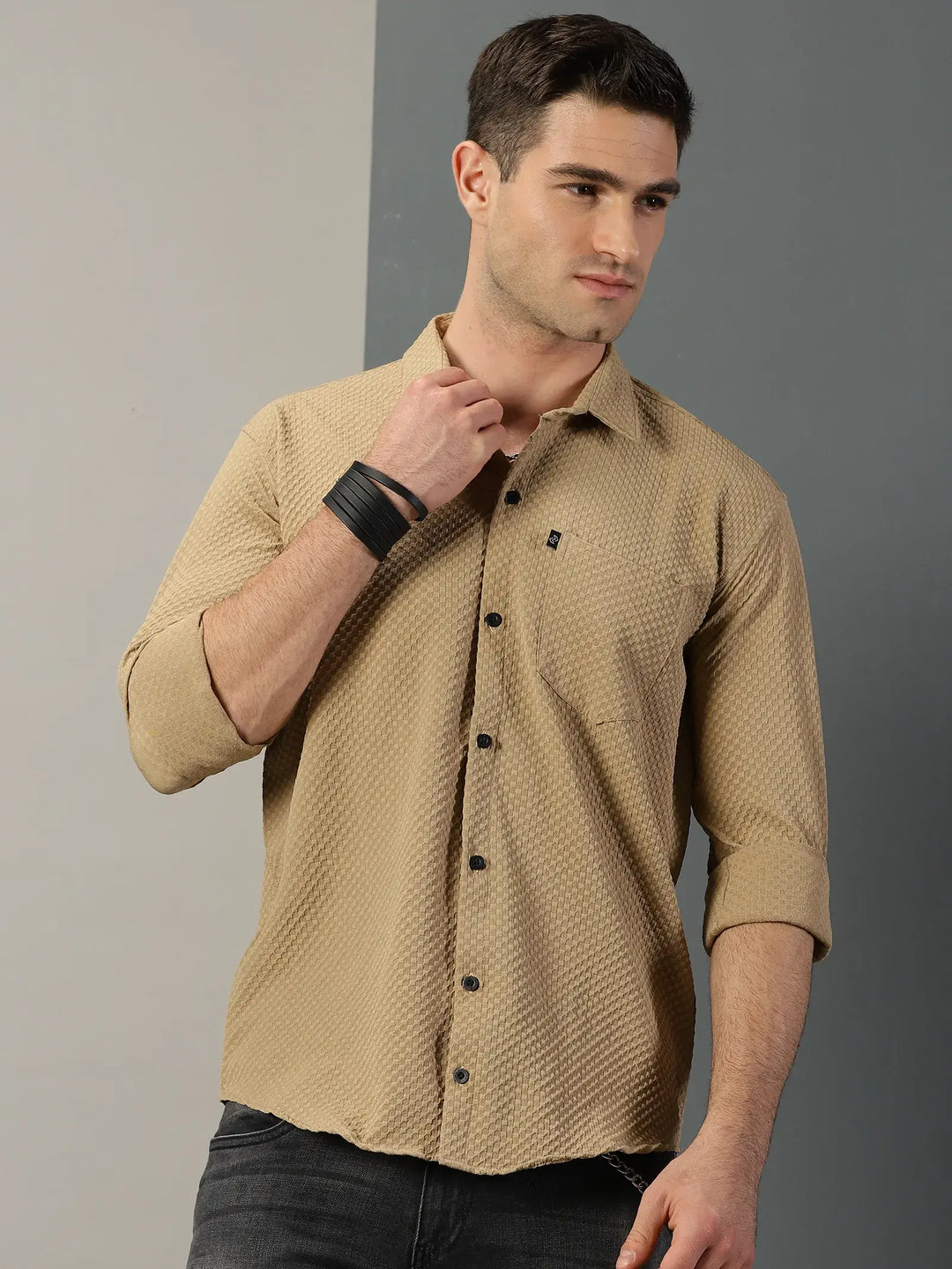 Brown Textured Full Sleeve Men's Shirt