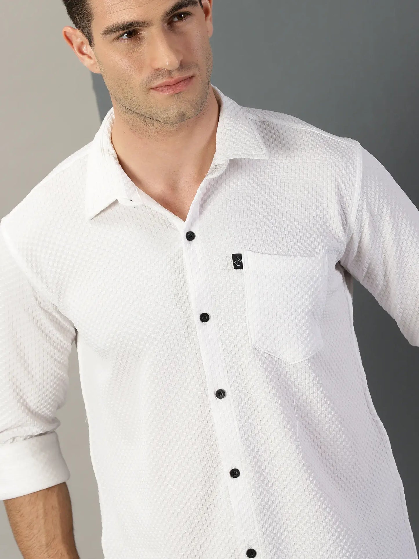 White Textured Full Sleeve Men's Shirt