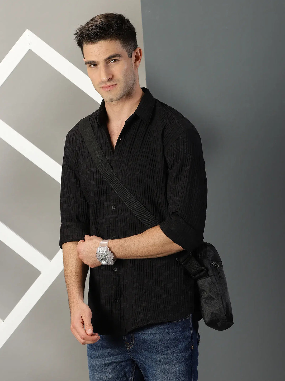 Black Textured Full Sleeve Men's Shirt