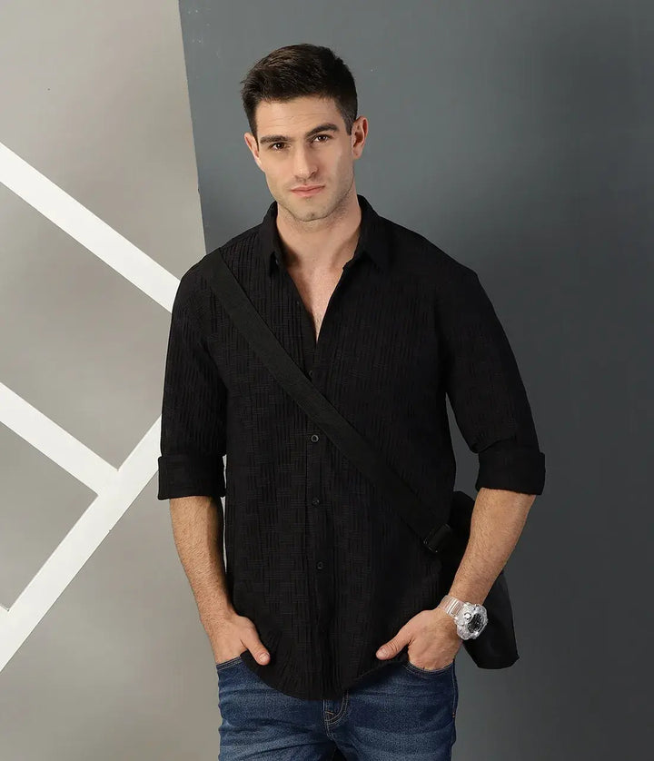 Black Textured Full Sleeve Men's Shirt