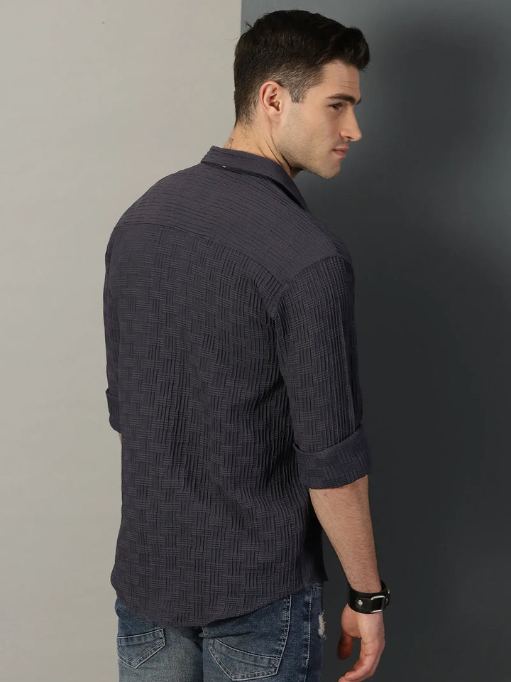 Dark Grey Textured Full Sleeve Men's Shirt