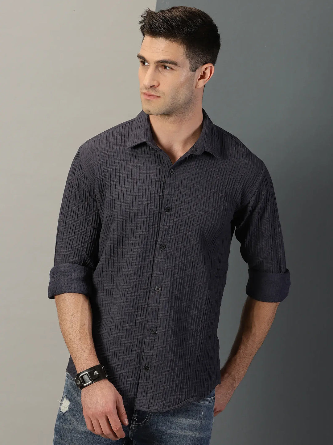 Dark Grey Textured Full Sleeve Men's Shirt