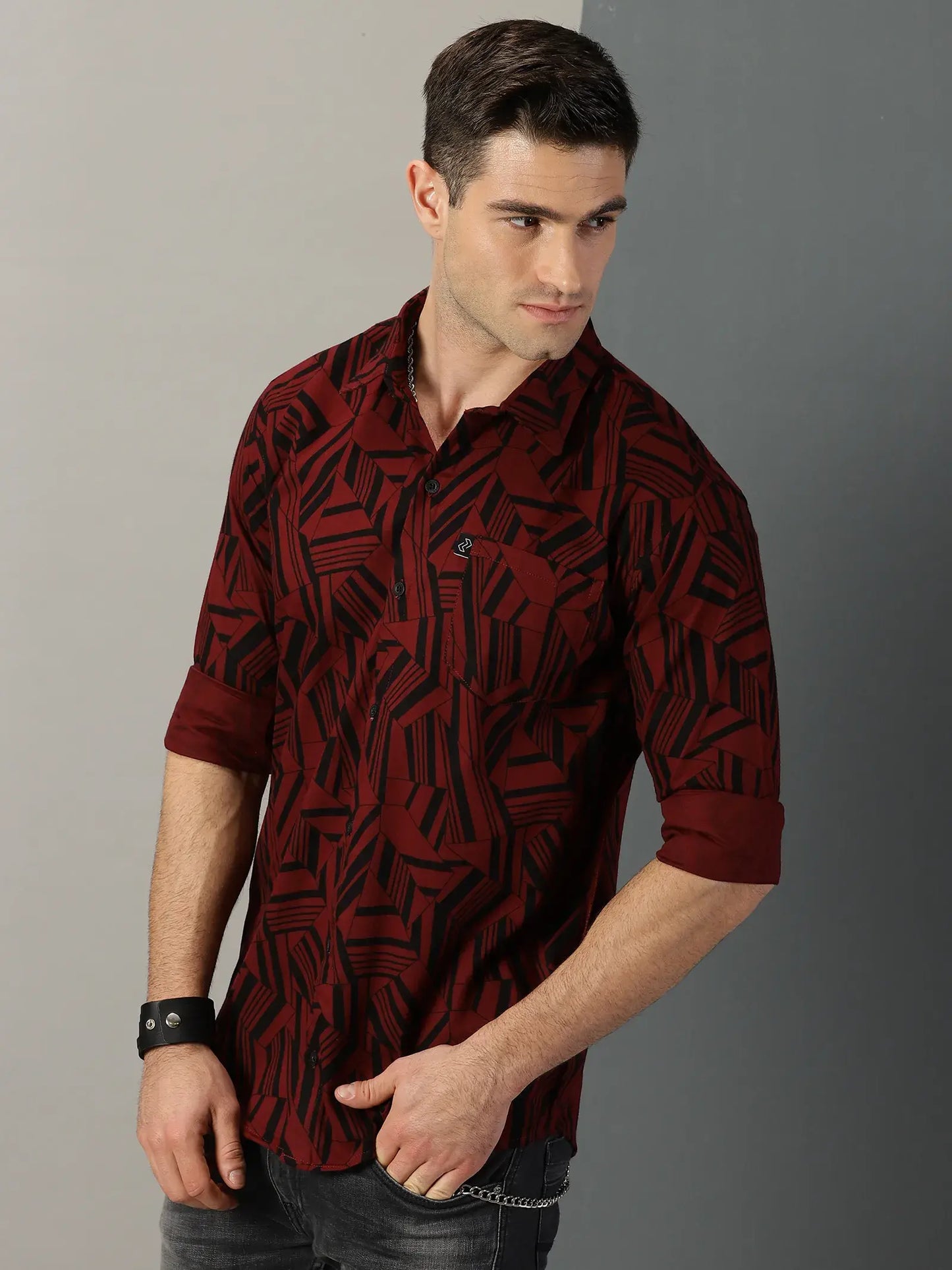 Maroon Printed Full Sleeve Men's Shirt