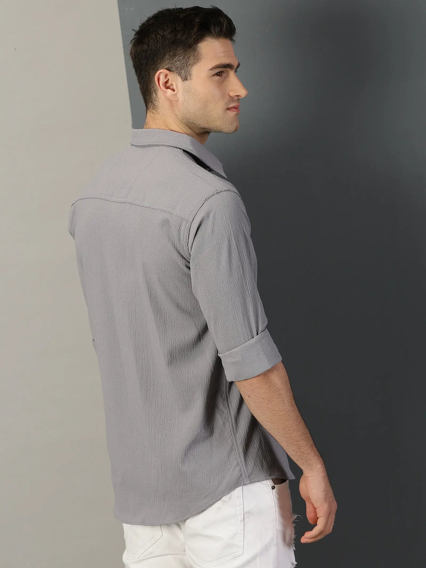 Grey Textured Full Sleeve Men's Shirt