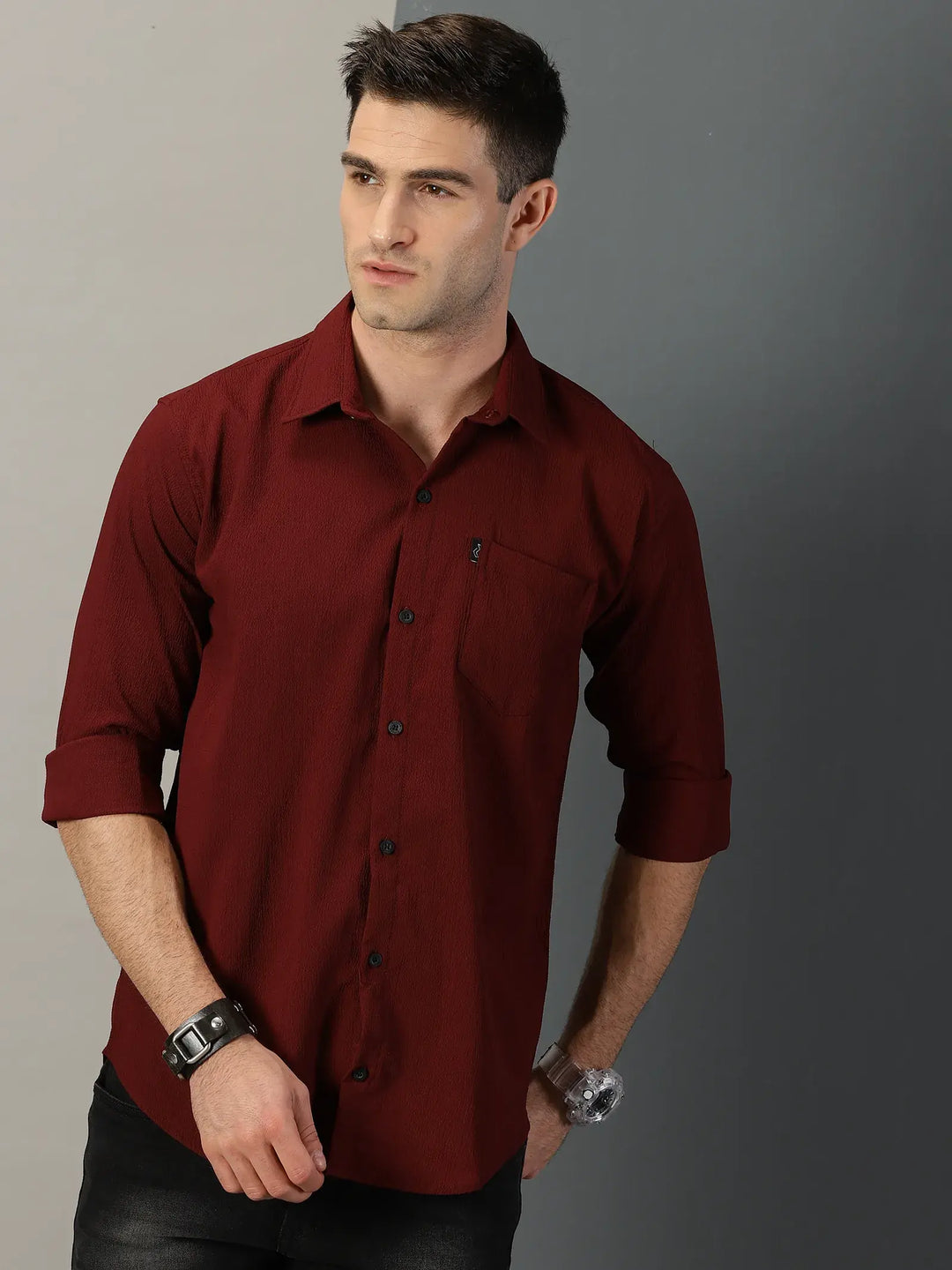 Maroon Textured Full Sleeve Men's Shirt