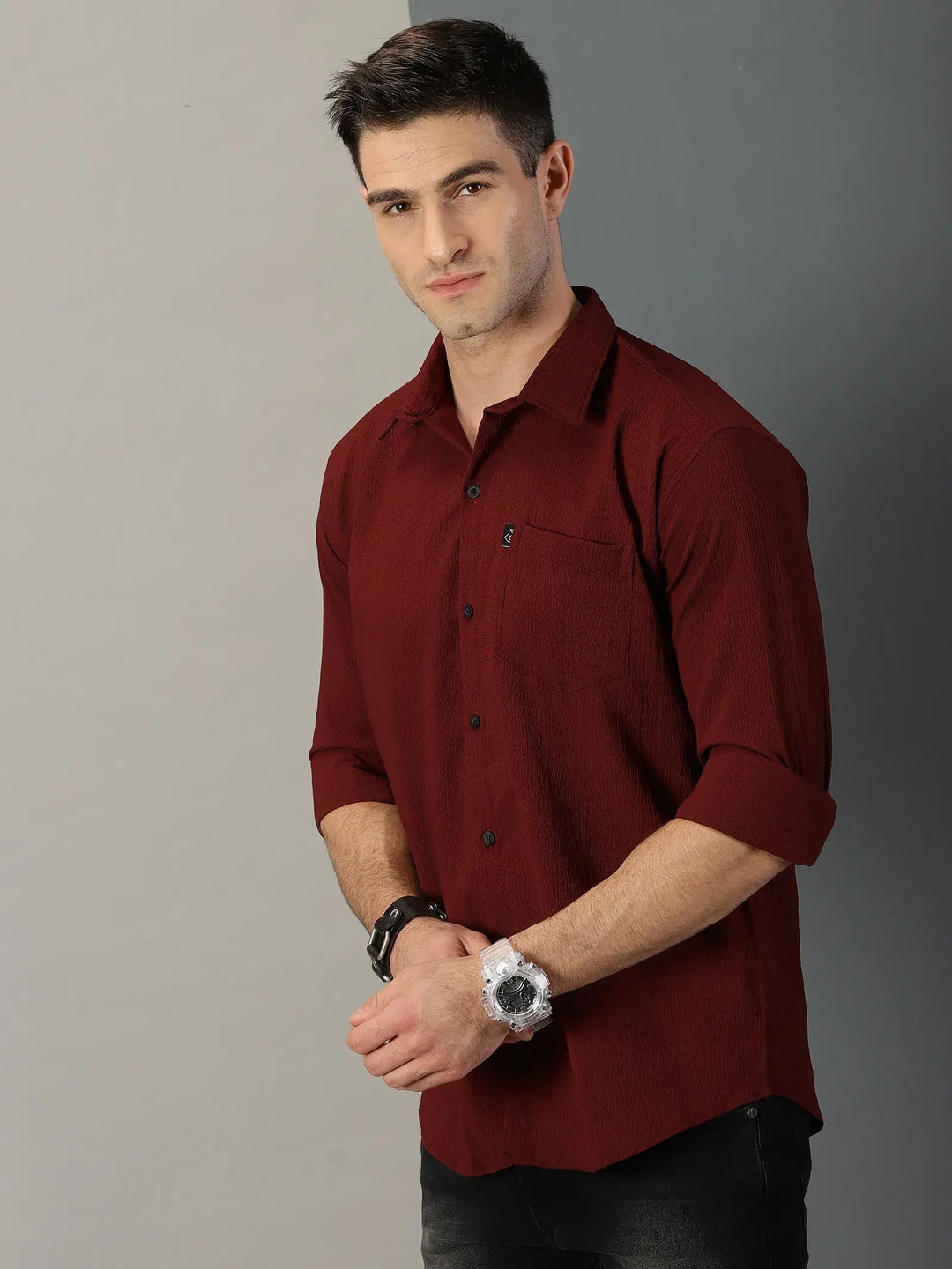 Maroon Textured Full Sleeve Men's Shirt