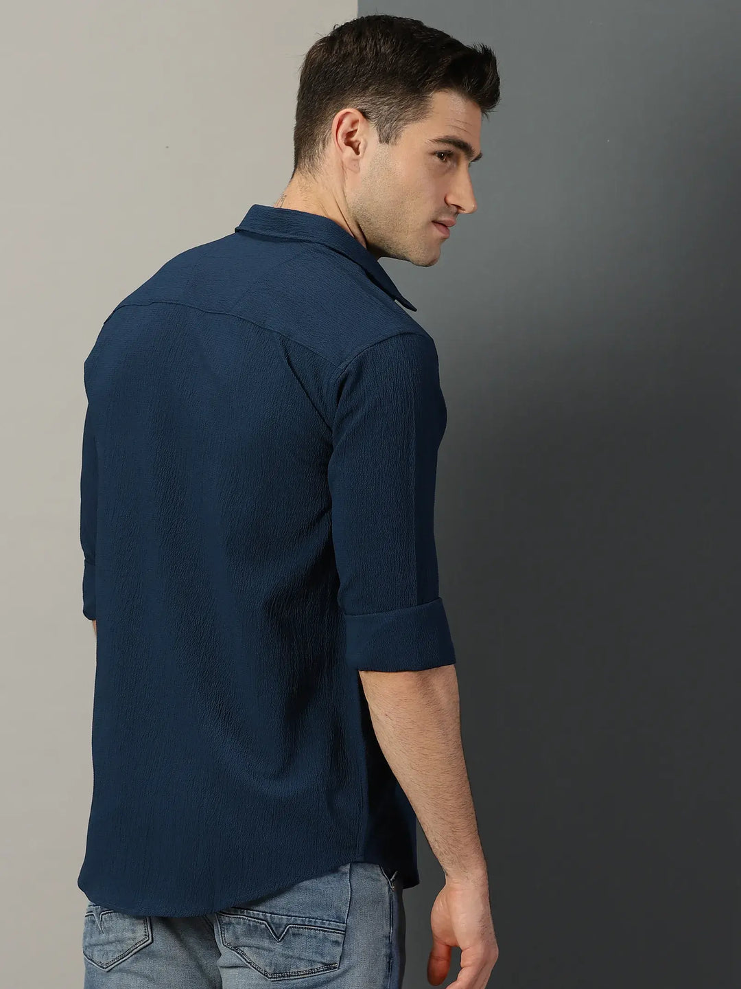 Navy Textured Full Sleeve Men's Shirt