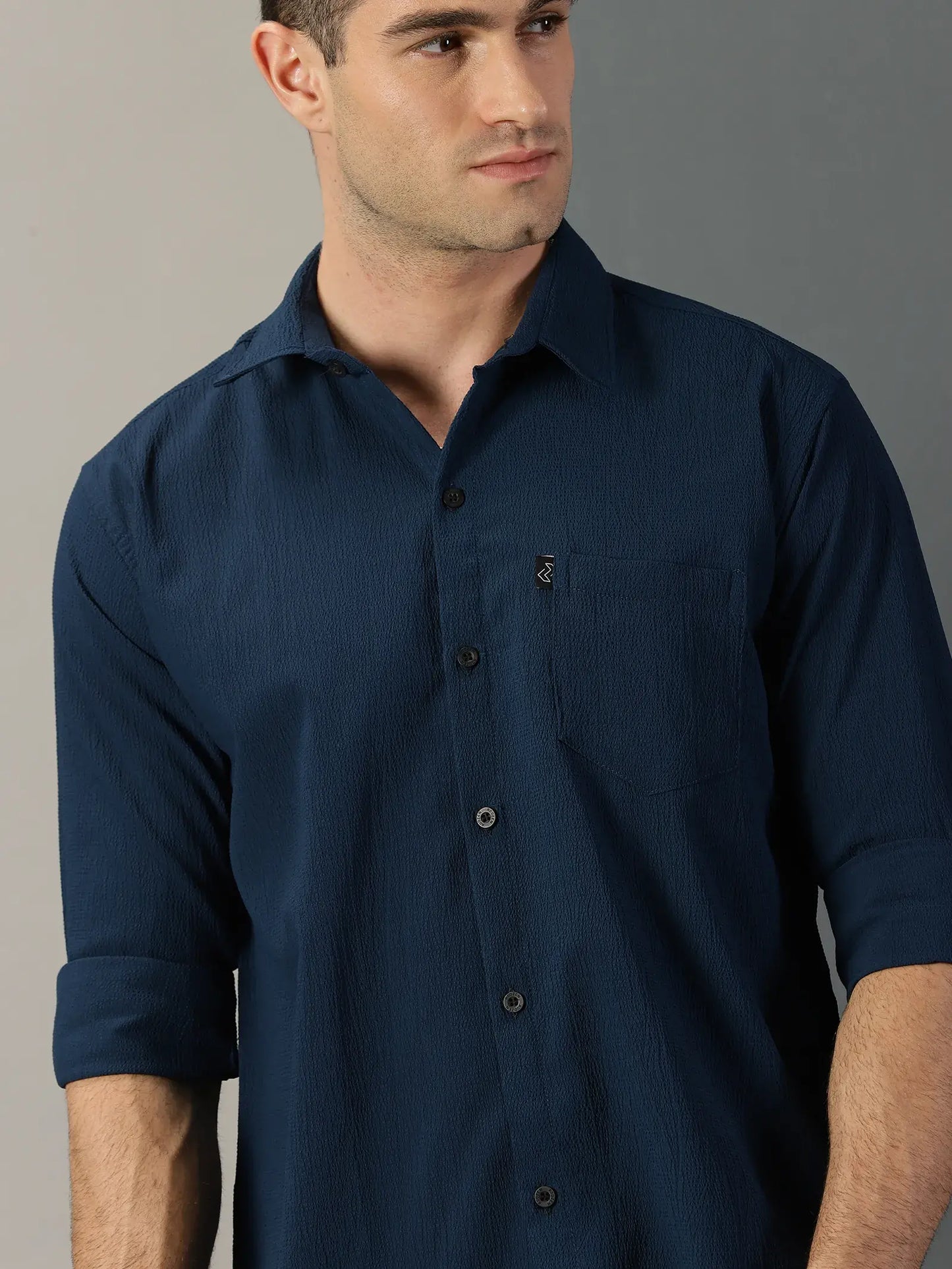 Navy Textured Full Sleeve Men's Shirt