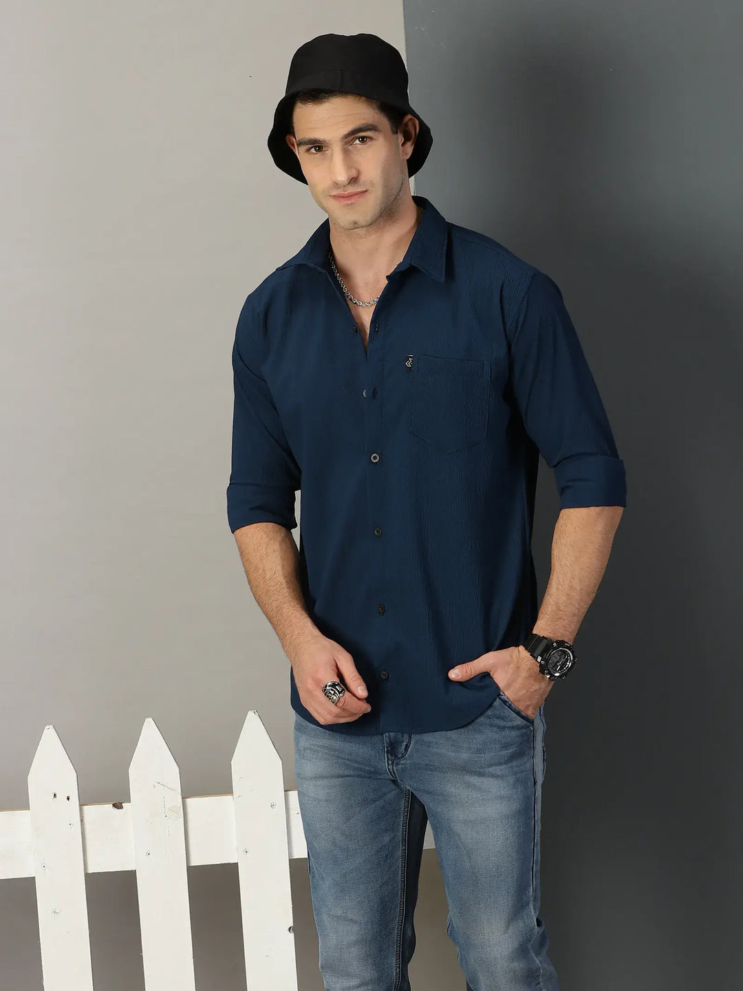 Navy Textured Full Sleeve Men's Shirt