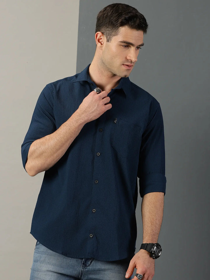 Navy Textured Full Sleeve Men's Shirt