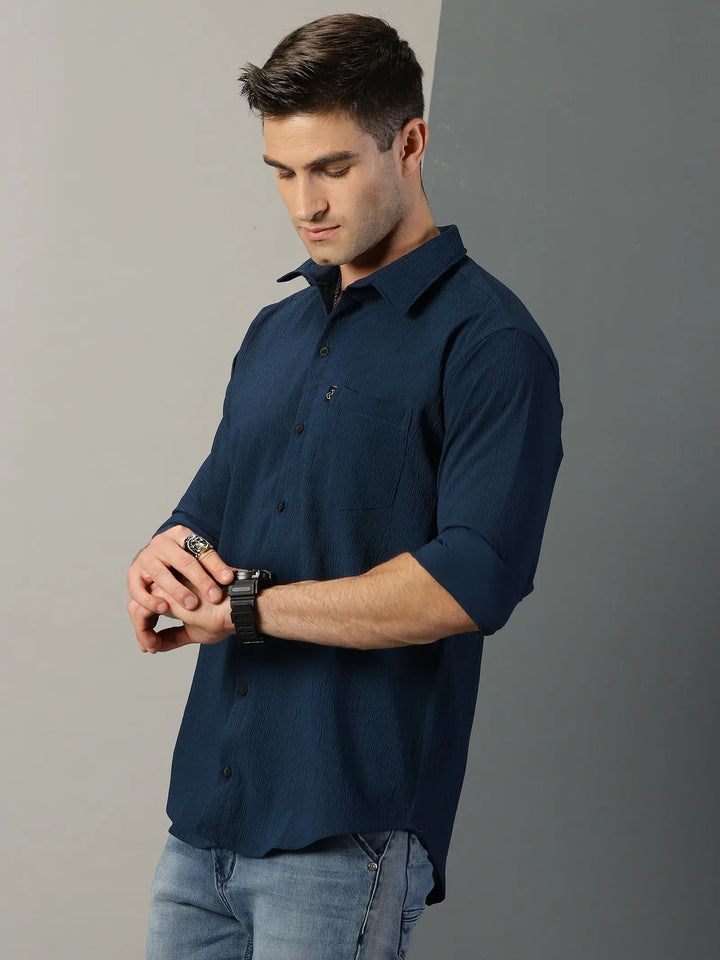 Navy Textured Full Sleeve Men's Shirt