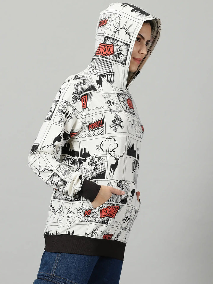 Comic White Printed Women's Hoodie