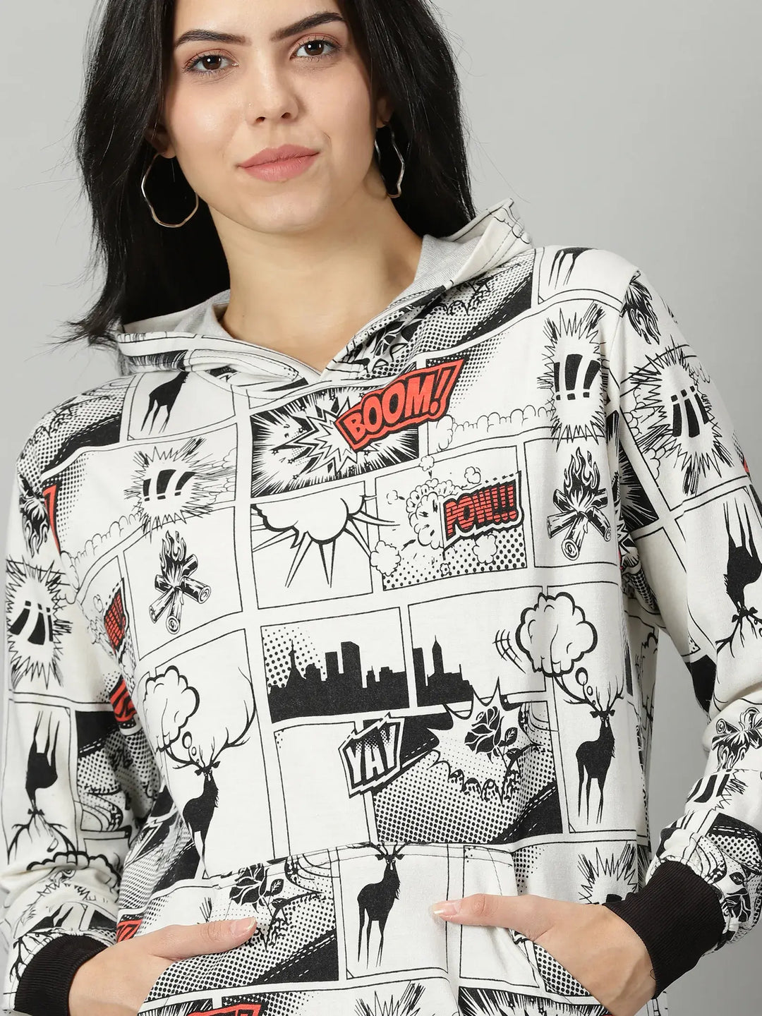 Comic White Printed Women's Hoodie