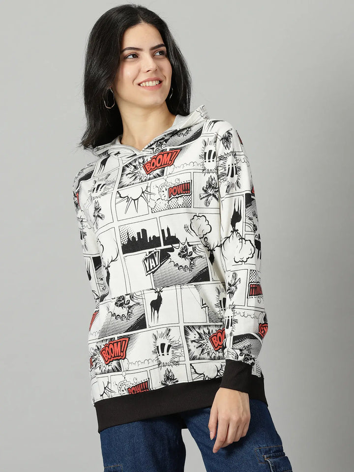 Comic White Printed Women's Hoodie