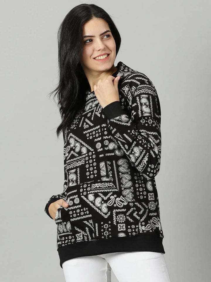 Regular Fit Sangi Printed Black Hoodie