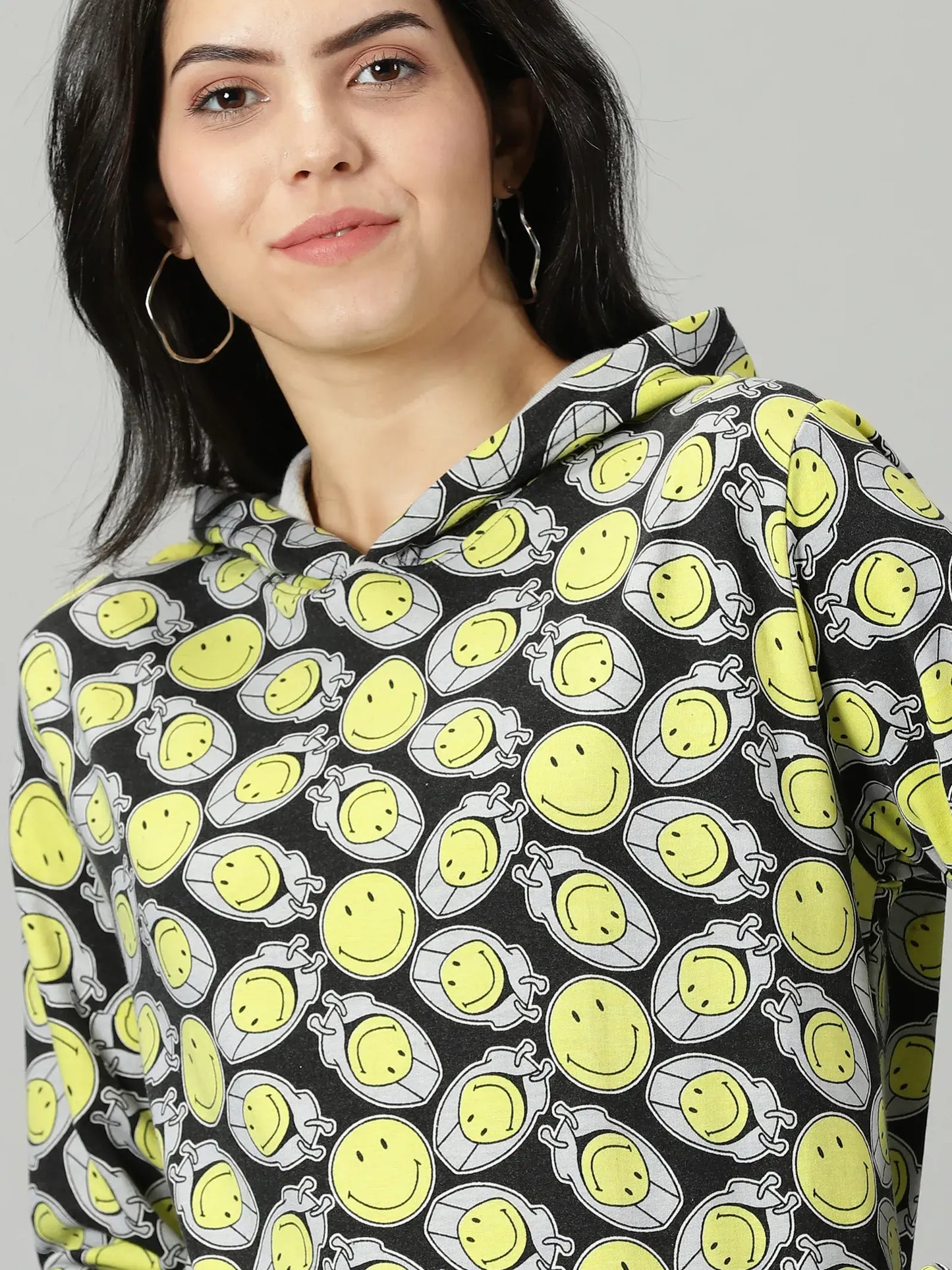 Regular Fit Smile Printed Yellow Hoodie