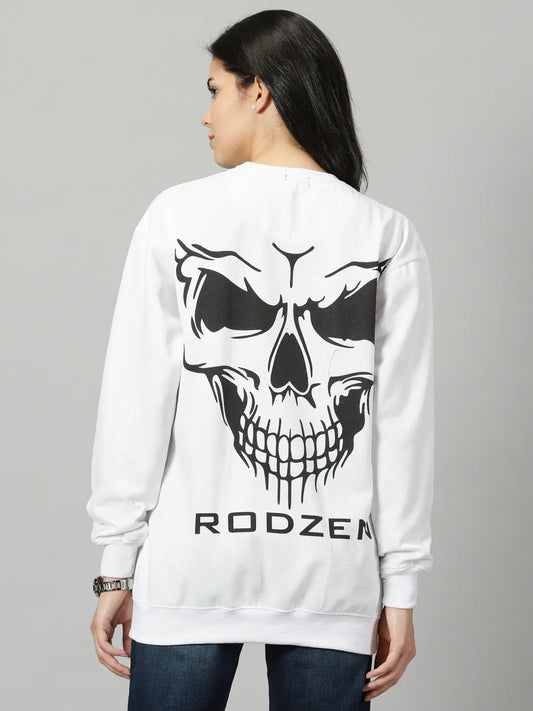 Oversize Back Skull Printed White Sweatshirt