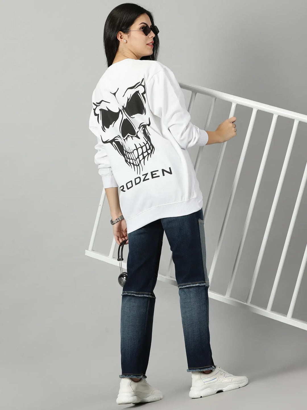 Oversize Back Skull Printed White Sweatshirt