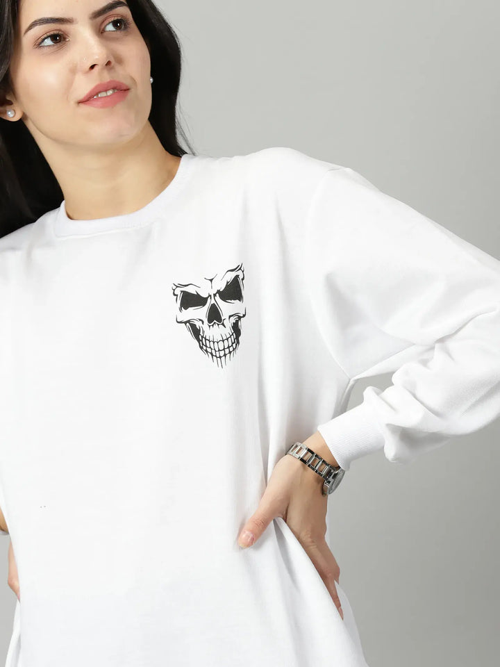 Oversize Back Skull Printed White Sweatshirt