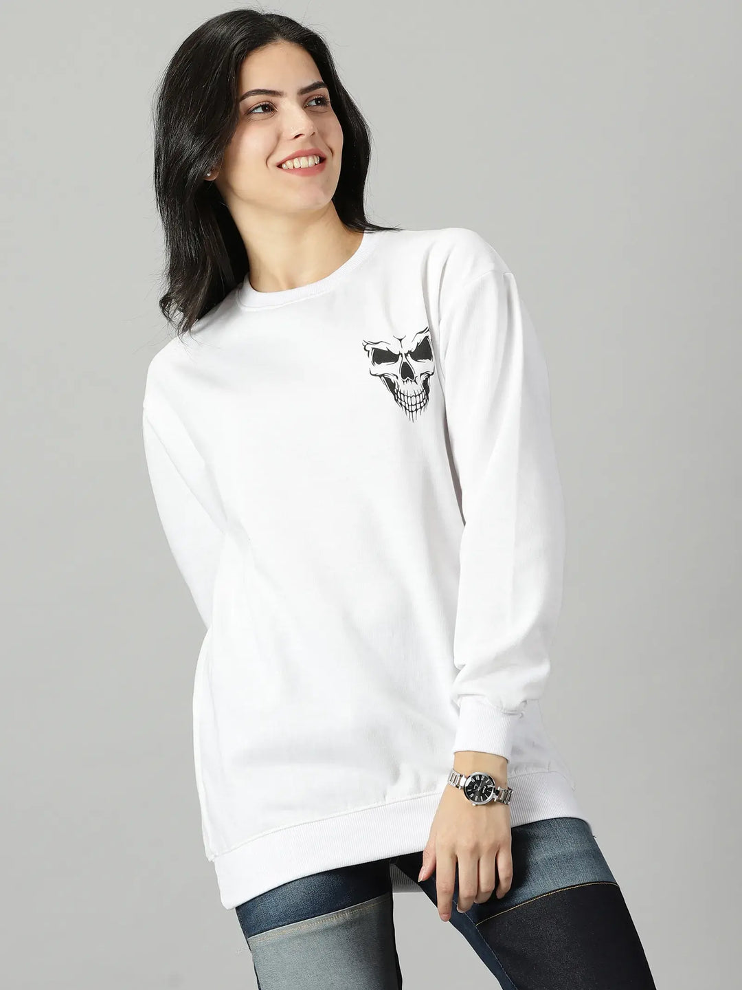 Oversize Back Skull Printed White Sweatshirt