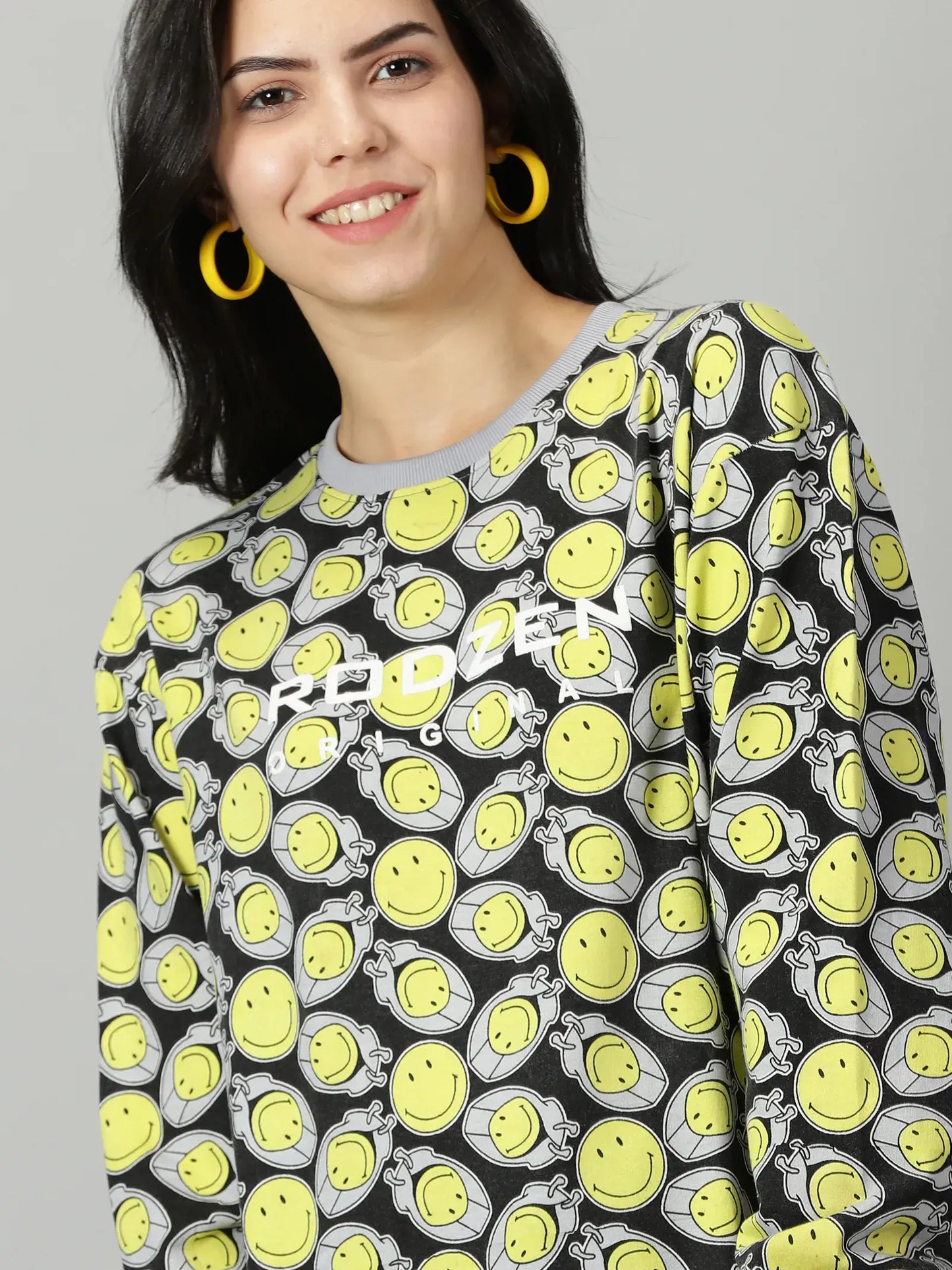 Oversize Smile Printed Yellow Sweatshirt