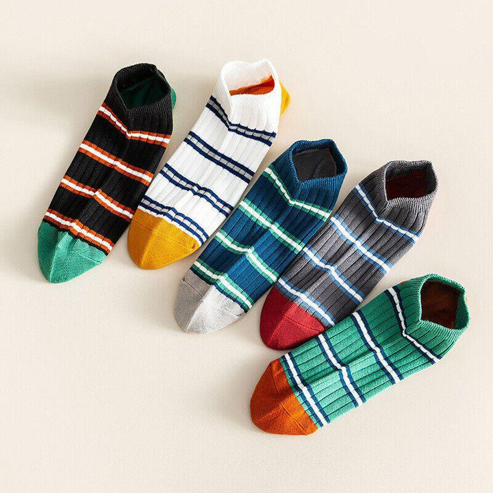 Mens Cotton Crew Socks Lot Colorful Stripe Low Casual Socks (New 5 Pairs)