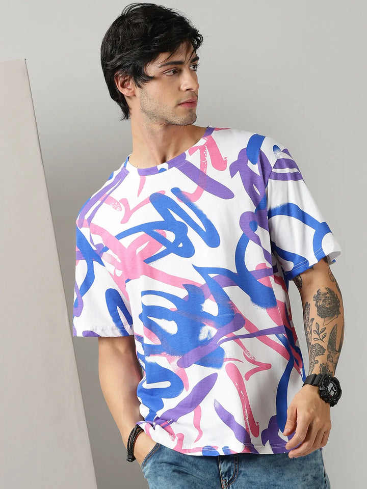 White Doodle Art Print Men Oversized Tshirt