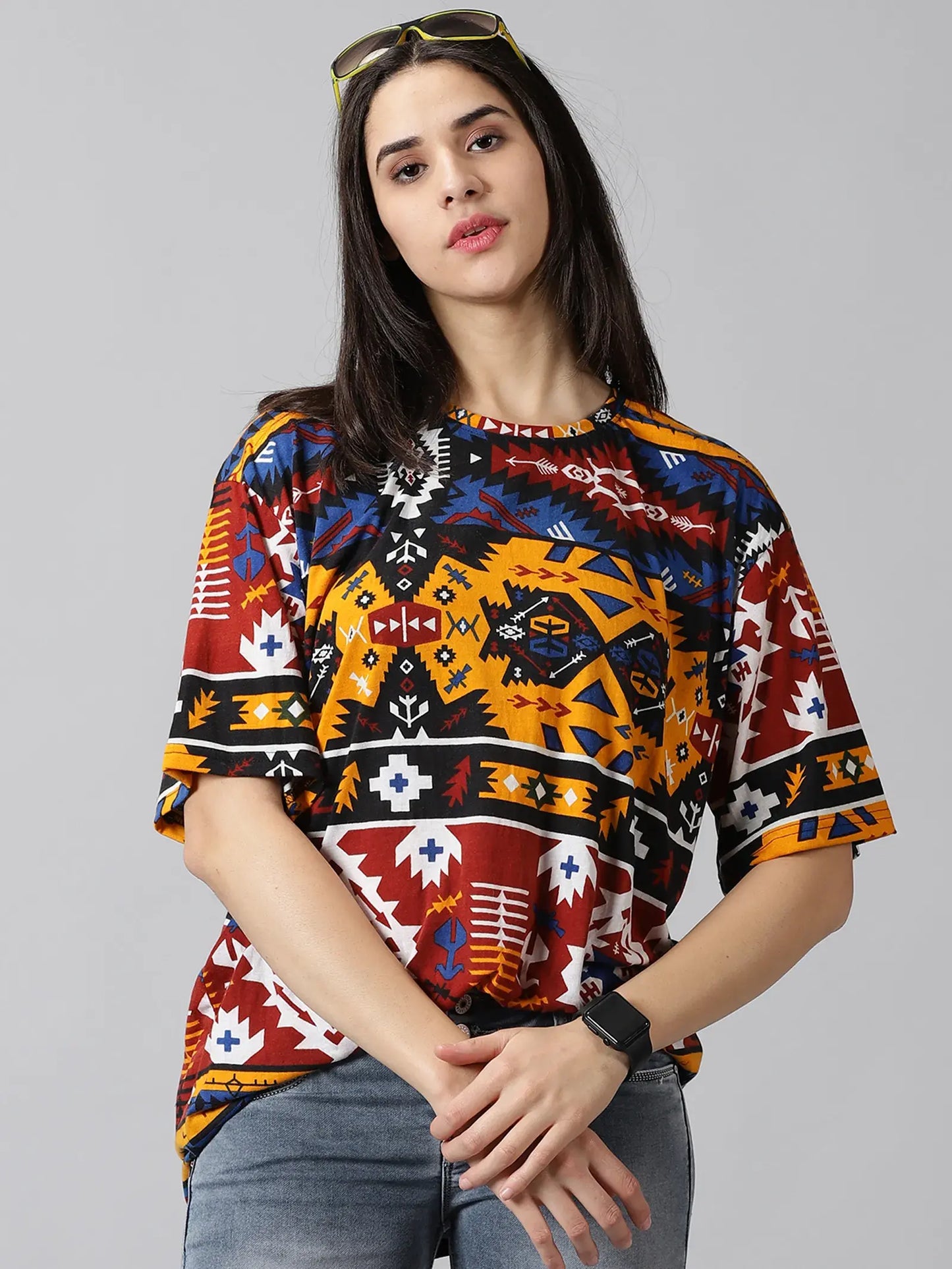 Multicolour Printeded  Women Oversized T-Shirt - Rodzen