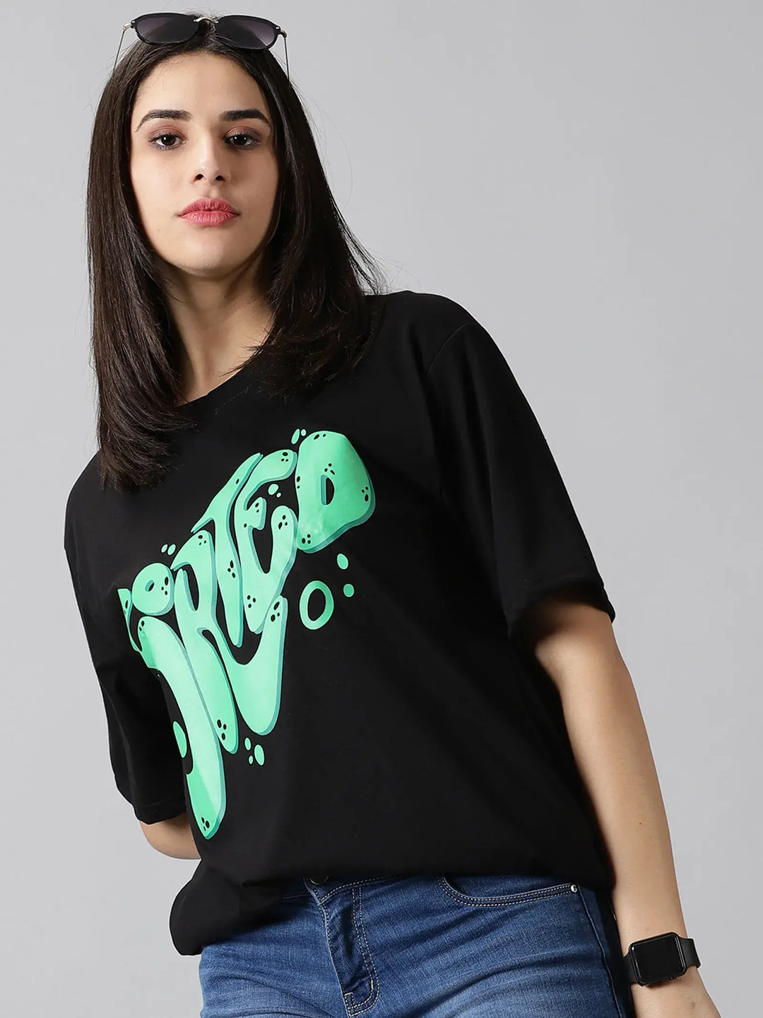 Black Sorted Printed Women Oversized T-Shirt - Rodzen