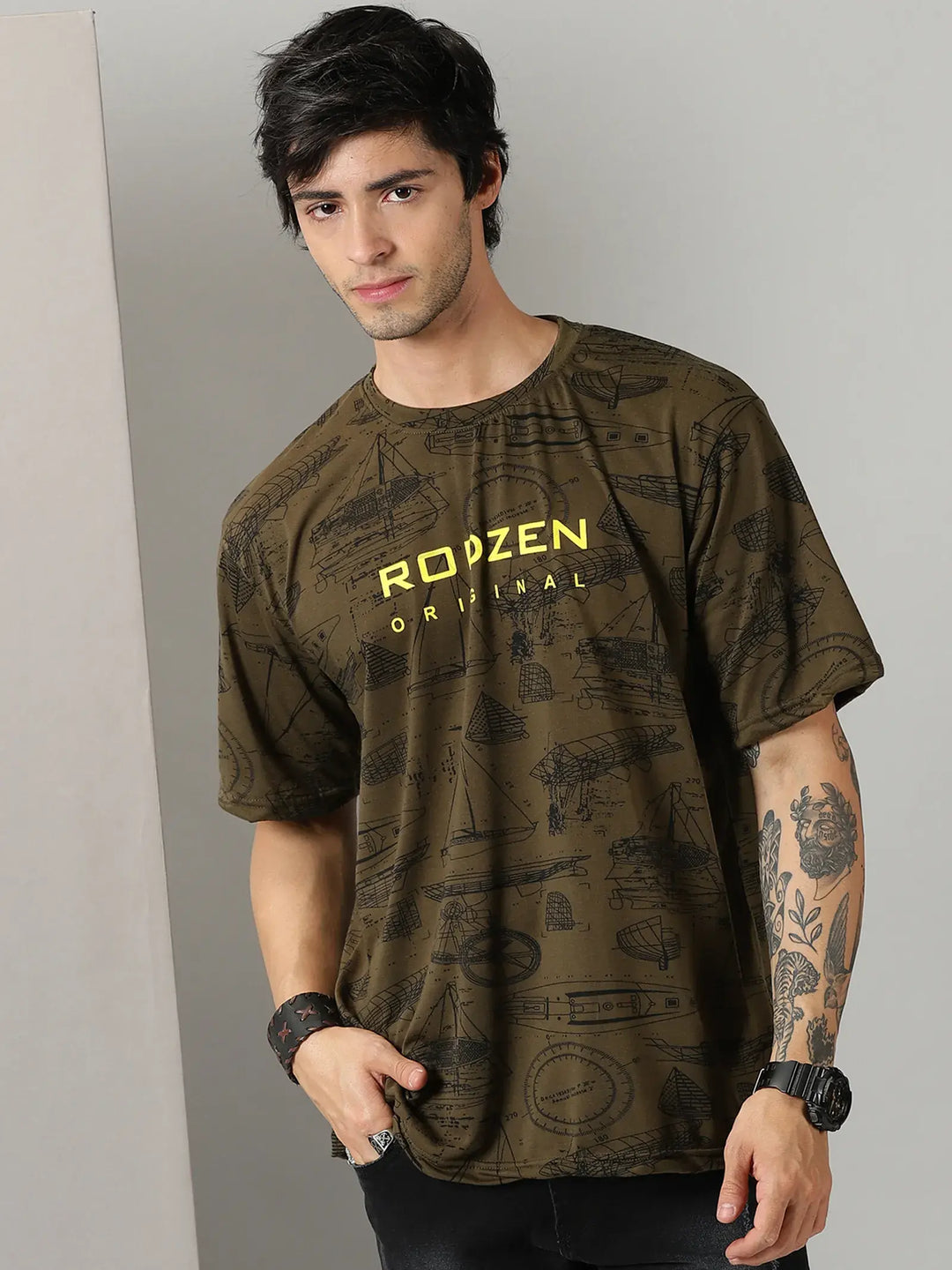 Green Boat Print Men Oversized Tshirt - Rodzen