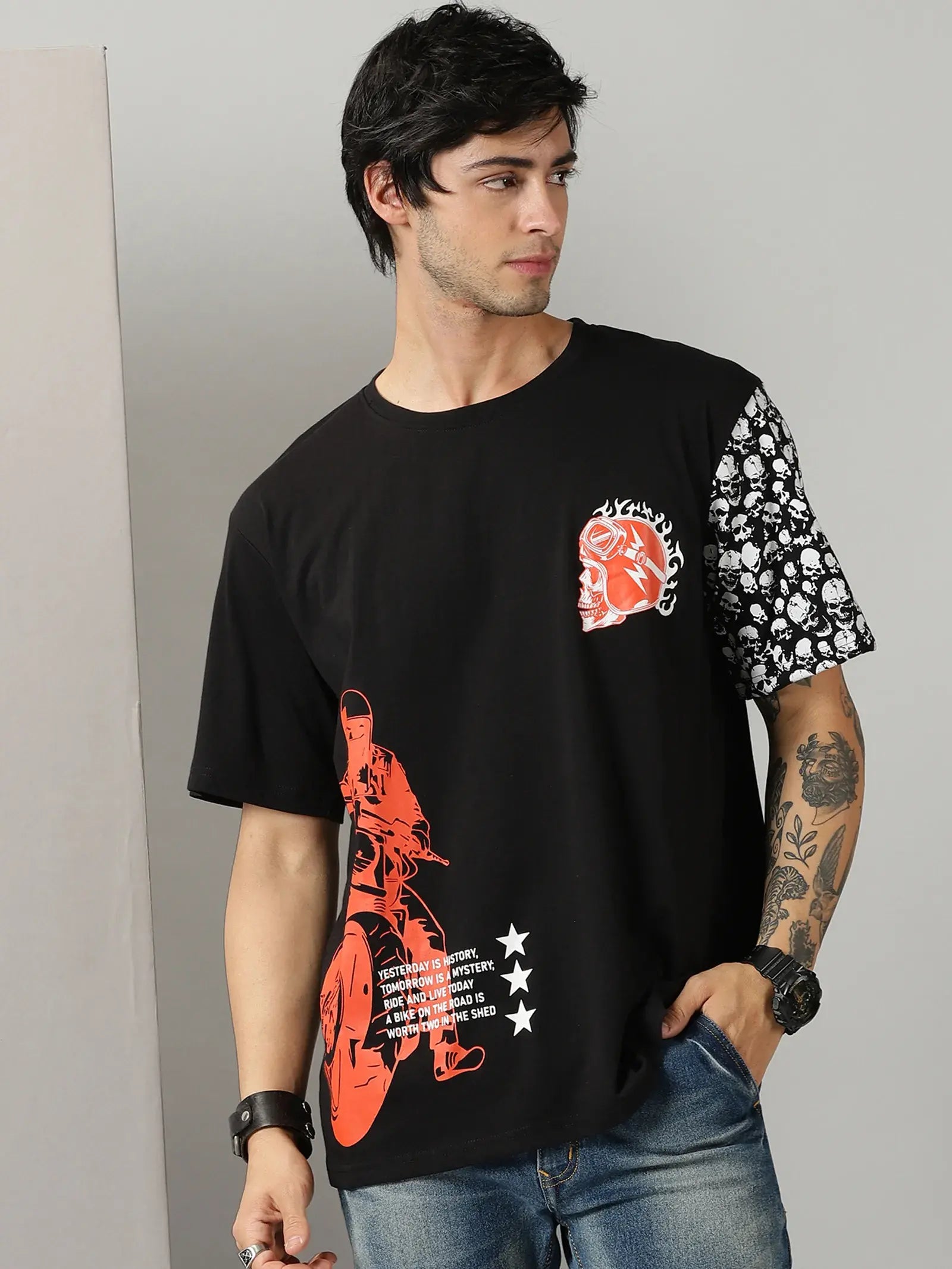 Black Biker Printed  Men Oversized Tshirt - Rodzen