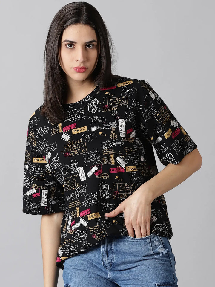 Printed Black  Women Oversized T-Shirt