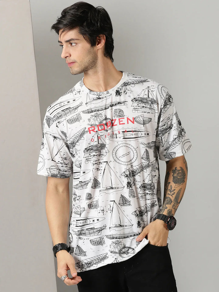 White Boat Print Men Oversized T-shirt