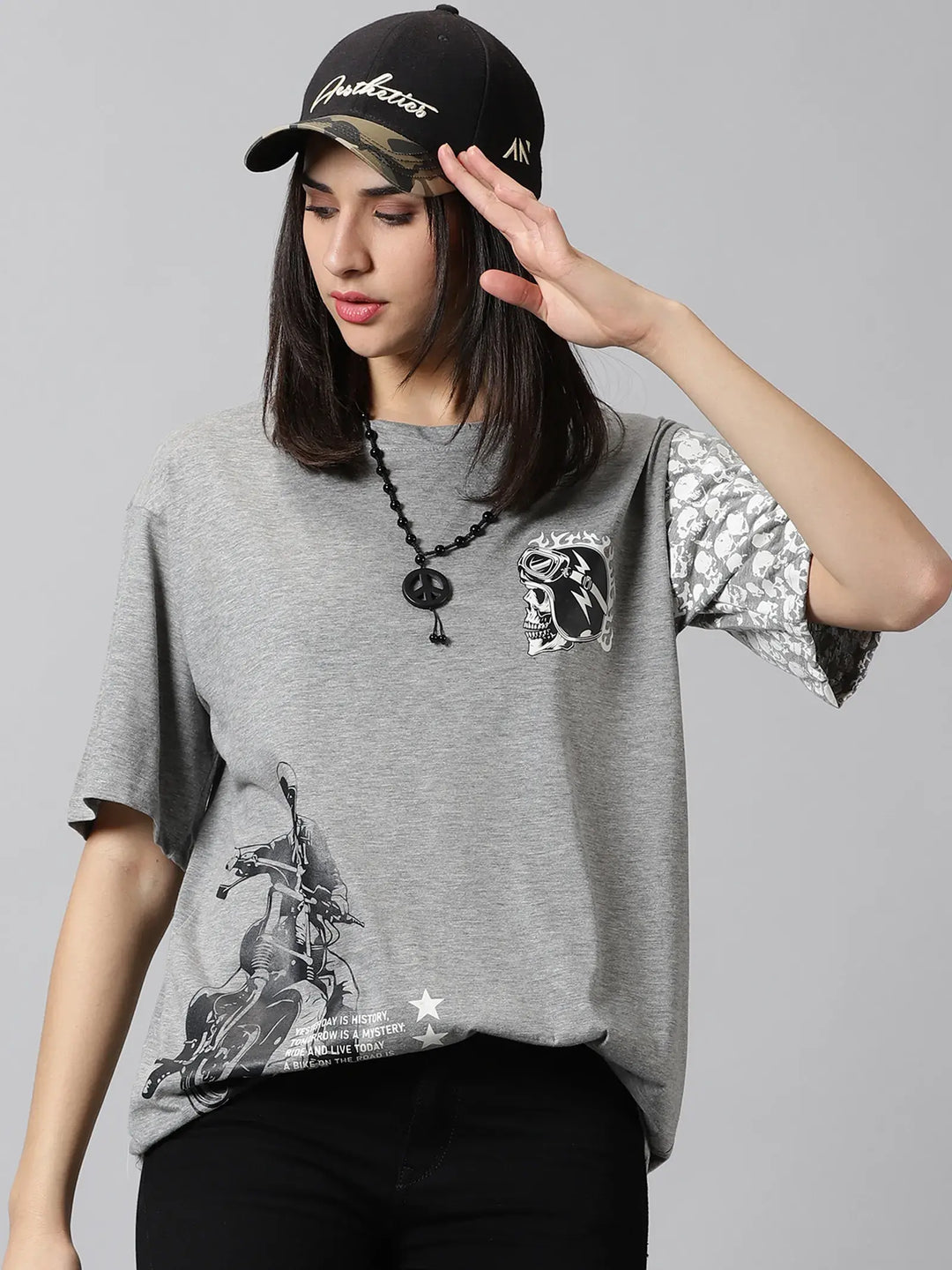 Skullgrey Skull Printeded Women Oversized T-Shirt