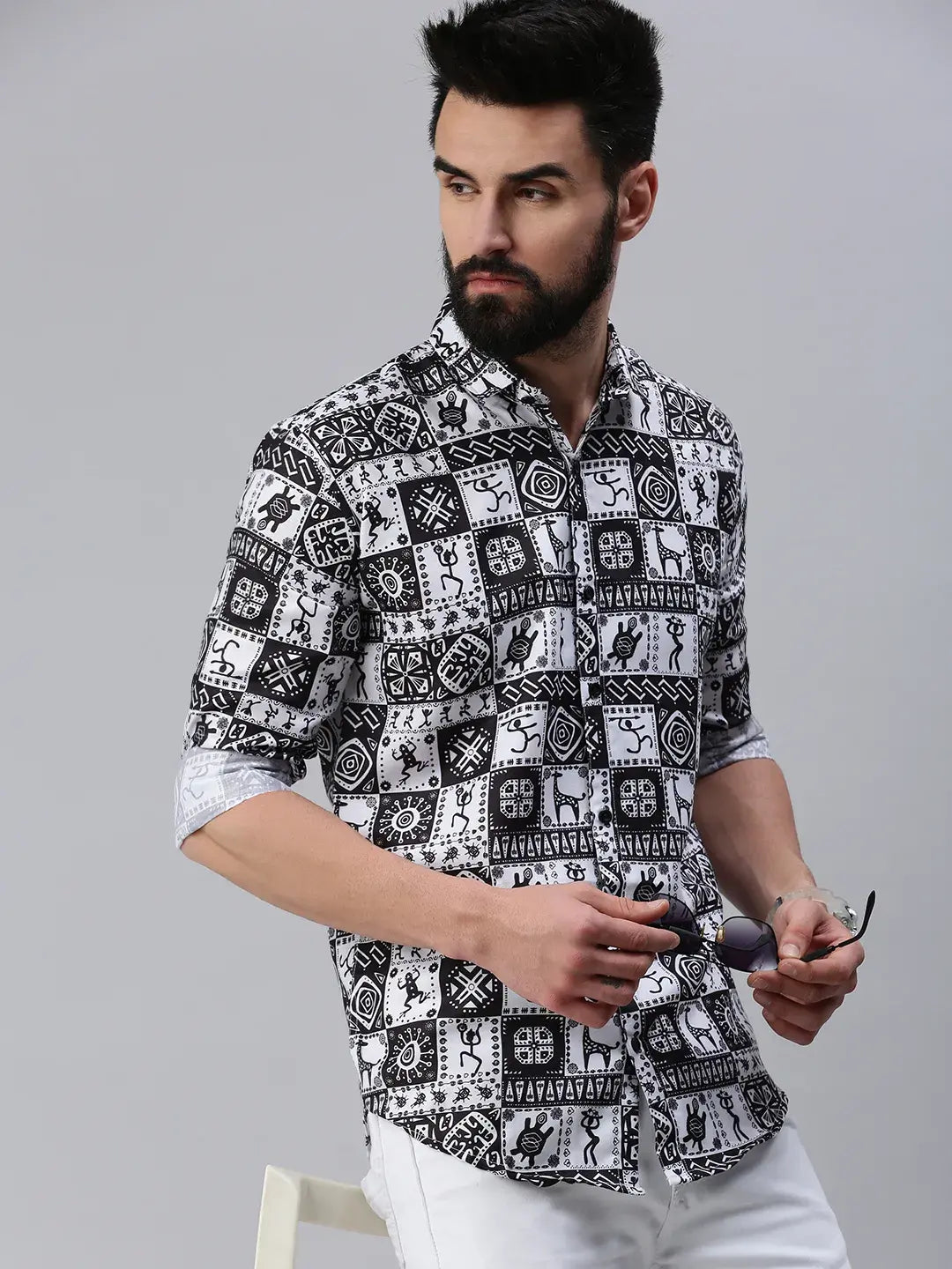 Black white Printed full sleeve men's shirt - Rodzen