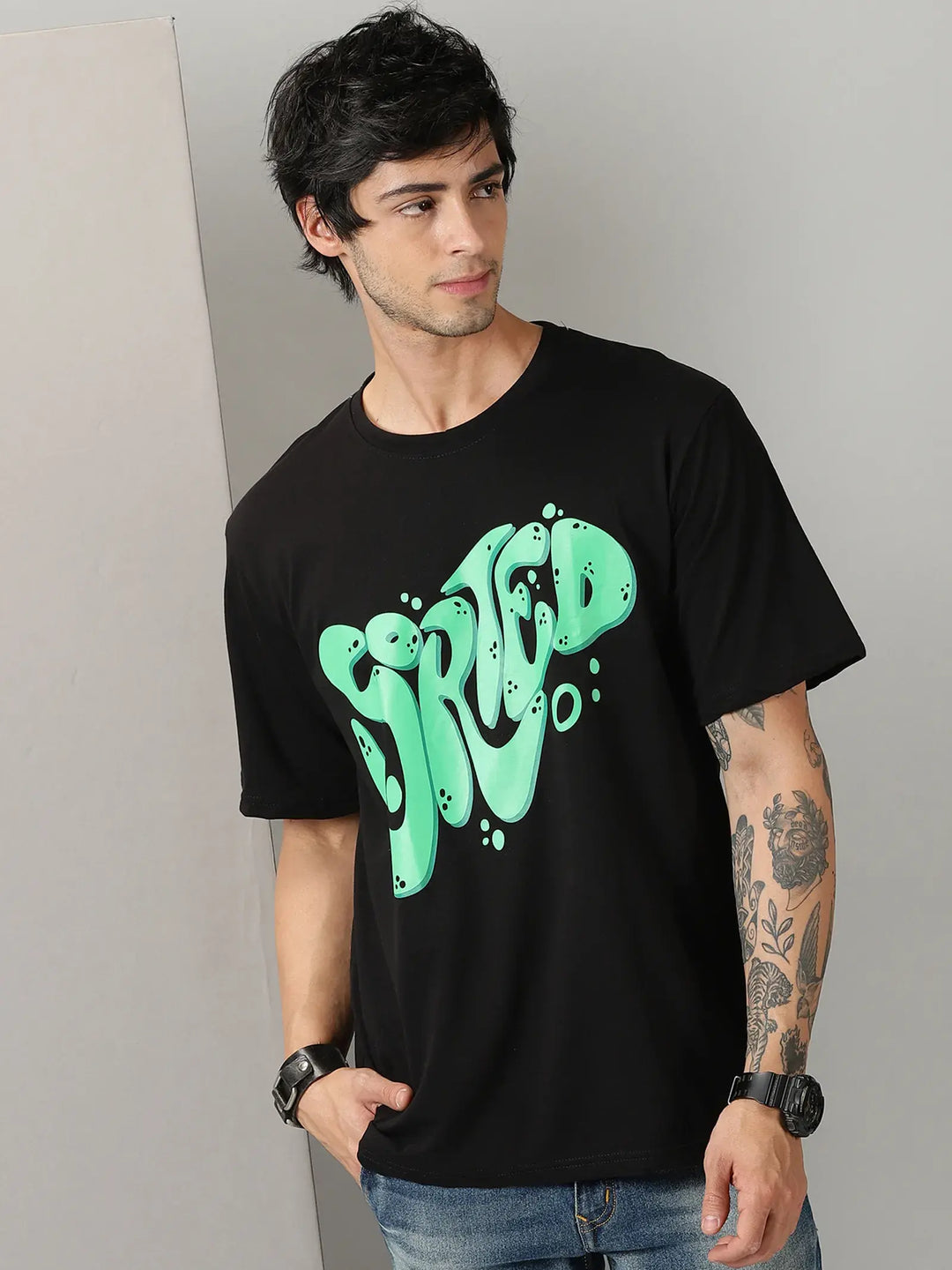 Black Sorted Print Men Oversized Tshirt - Rodzen