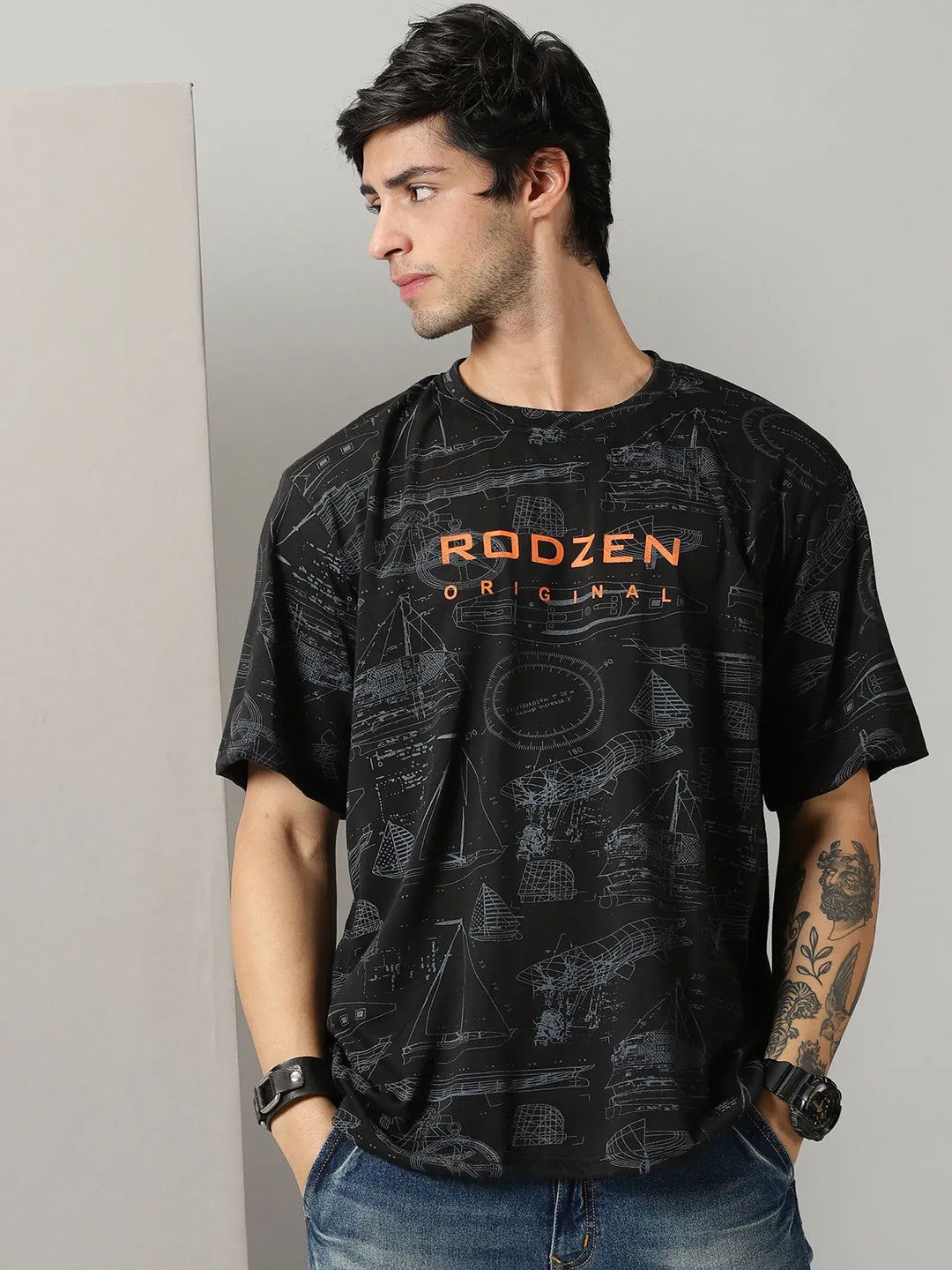 Black Boat Print Men Oversized Tshirt - Rodzen