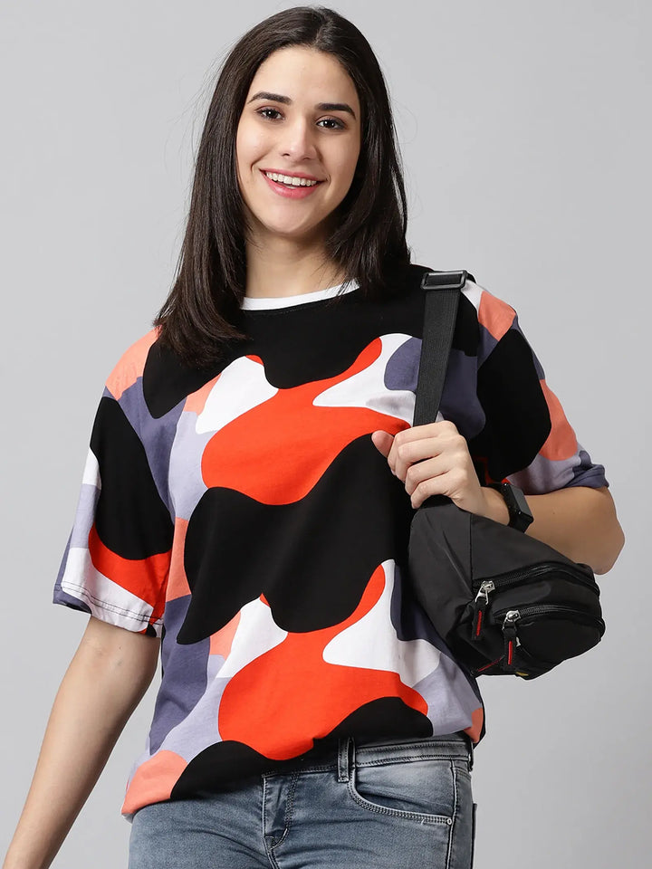 Black-Orange-White Color Printed   Women Oversized T-Shirt - Rodzen